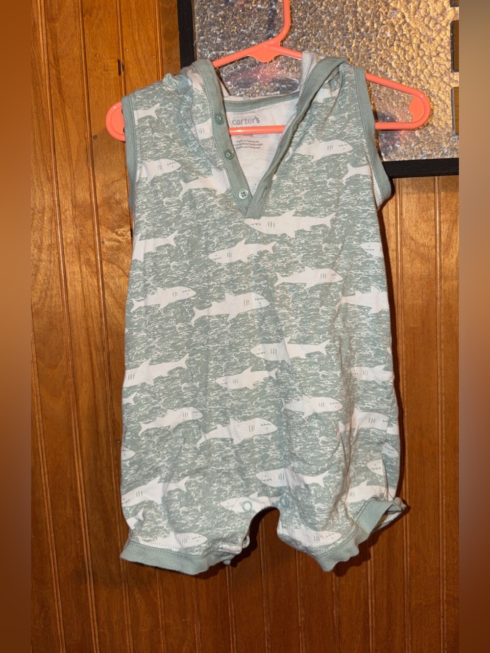 Carter's Sage Green and White Shark Print Sleeveless Romper With Fin Hood